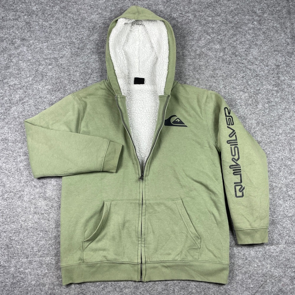 Quiksilver Zip Hoodie Boys L (14/16) Green Sherpa Lined Fleece Sweatshirt